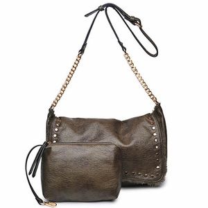Soft Studded Fold-Over Bag in Brown/Sage-Boutique